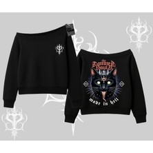 Gothic Cat Made In Hell Baskılı Sweatshirt Kayık Yaka Sweatshirt