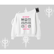 My Mood Right Now Yazılı Sevimli Kedi Kayık Yaka Sweatshirt