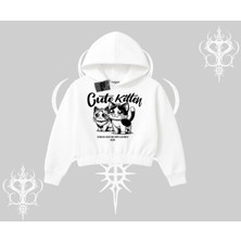 Cute Kitten Yazılı Sevimli Kedi Baskılı Kapşonlu Crop Sweatshirt