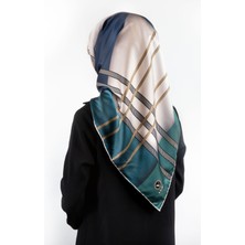 Violla Twill Geometrik Desenli Petrol Yeşili - Indigo Renkli 90X90 Eşarp (Ipek Içermez) Kenar Dikiş Şekli E
