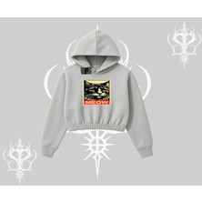 Meow Yazılı Kedi Portre Baskılı Kapşonlu Crop Sweatshirt