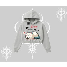 Paws Off Yazılı Kedi Baskılı Streetwear Kapşonlu Crop Sweatshirt