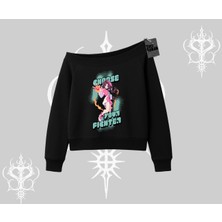 Kayık Yaka Sweatshirt Oversize  Anime Kız Desenli Japon Stil