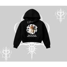 Keep Calm Yazılı Kedi Baskılı Streetwear Kapşonlu Crop Sweatshirt