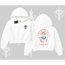 Cute Princess Kedi Tasarımlı Arka Baskılı Kapşonlu Crop Sweatshirt