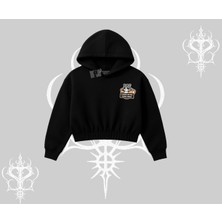 Need Coffee Right Meow Yazılı Kedi Baskılı Kapşonlu Crop Sweatshirt