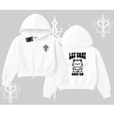 Meditasyon Yapan Kedi Baskılı Kapşonlu Crop Sweatshirt