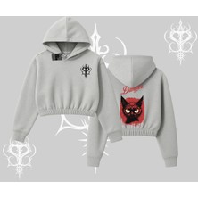 Gotik Kedi Arka Baskılı Kapşonlu Crop Sweatshirt