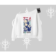 Kayık Yaka Sweatshirt Anime Kız Desenli Japon Tarzı