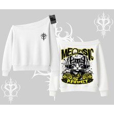 Meowsic Purrfect Kedi Arka Baskılı Kayık Yaka Sweatshirt