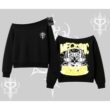 Meowsic Purrfect Kedi Arka Baskılı Kayık Yaka Sweatshirt