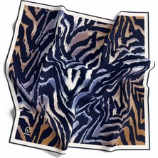 Violla Kristal Zebra Desenli Bej - Lacivert Renkli 90X90 Eşarp (Ipek Içermez) Kenar Dikiş Şekli El Dikişli