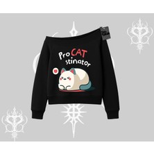 Paws Off Yazılı Kedi Baskılı Streetwear Kapşonlu Crop Sweatshirt