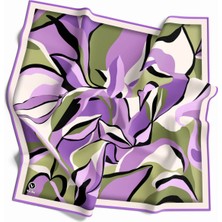 Violla Twilll Büyük Yaprak Desenli Mor - Haki Renkli 90X90 Eşarp (Ipek Içermez) Kenar Dikiş Şekli El Dikişl