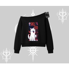 Smell Of Fresh Food Kedi Baskılı Kayık Yaka Sweatshirt