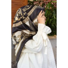 Violla Twill Barok Desenli Gri Renkli 90X90 Eşarp (Ipek Içermez) Kenar Dikiş Şekli El Dikişli