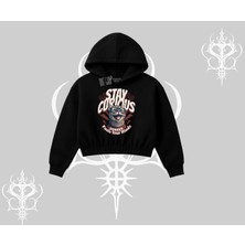 Stay Curious Kedi Baskılı Kapşonlu Crop Sweatshirt