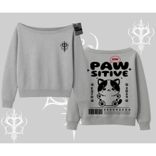 Paw Sitive Kedi Arka Baskılı Kayık Yaka Sweatshirt