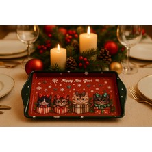 Atagift Hediyelik Yılbaşı Kedicikleri Temalı Metal Sunum Tepsisi – Happy New Year Özel Tasarım 16 X25CM Küçük Boy