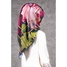 Violla Twill Gül Desenli Şarabi - Haki Renkli 90X90 Eşarp (Ipek Içermez) Kenar Dikiş Şekli El Dikişli