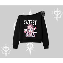 Kayık Yaka Sweatshirt Cute Anime Gamer Girl Baskılı