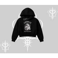 Kapşonlu Crop Sweatshirt Caffeine Cat Kahve Temalı Kedi Baskılı