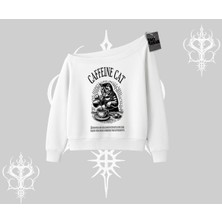 Kayık Yaka Sweatshirt Caffeine Cat Kahve Temalı Kedi Baskılı