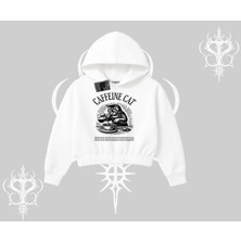 Kapşonlu Crop Sweatshirt Caffeine Cat Kahve Temalı Kedi Baskılı