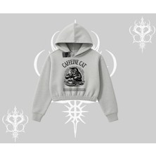 Kapşonlu Crop Sweatshirt Caffeine Cat Kahve Temalı Kedi Baskılı