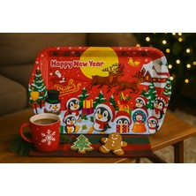 Atagift Hediyelik Yılbaşı Penguenler & Noel Baba Temalı Metal Sunum Tepsisi – Happy New Year Küçük Boy 25X15 cm