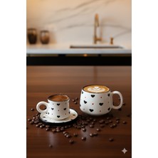 Canım Kendim Serisi Siyah Kalp Desenli, El Yapımı Seramik ve Kupa Takımı, Mug, Hand Made