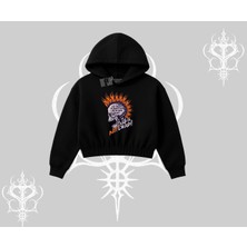 Kapşonlu Crop Sweatshirt Burning Skull Rebel Street Anthem