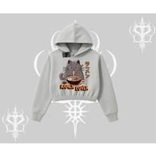 Kapşonlu Crop Sweatshirt Ramen Lover Kedi Anime Baskılı