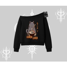 Kayık Yaka Sweatshirt Ramen Lover Kedi Anime Baskılı