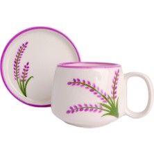 Lavanta Desenli Tabaklı Double Seramik El Yapımı Kupa, Seramik Kupa, Handmade, Kahve Kupası