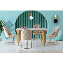 Viento Mobilya Mirella Marmo Highgloss Sabit 160X80 Masa 4 Adet Babyface Kumaş Metal Gold Neşe Sandalye Masa Takımı