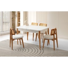 Viento Mobilya Kelebek Tekno Kar Beyaz Highgloss Açılır 130X80 Masa 4 Adet Bukle Kumaş Ahşap Kuzey Sandalye Masa Takımı