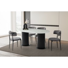 Viento Mobilya Orkide Marmo Highgloss Sabit 160X90 Masa 8 Adet Bukle Kumaş Siyah Metal Gözde Sandalye Masa Takımı