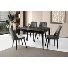Viento Mobilya Milano Siyah Mermer Desen Açılır 130X80 Masa 6 Adet Babyface Ahşap Ayak Sude Sandalye Masa Takımı