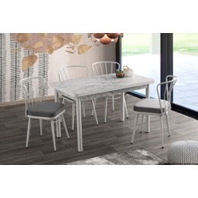 Viento Mobilya Enzi Beyaz Mermer Desen Sabit 120X70 Masa 6 Adet Luna Kumaş Metal Güneş Sandalye Masa Takımı