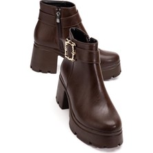 Dilimler Ayakkabı Kahverengi Kadın Platform Topuklu Bot Tokalı Suni Deri