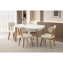 Viento Mobilya Kelebek Kaşıklıklı Beyaz Renk Açılır 140X80 Masa 6 Adet Bukle Kumaş Ahşap Masal Sandalye Masa Takım