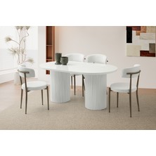 Viento Mobilya Orkide Kar Beyaz Highgloss Sabit 160X90 Masa 8 Adet Bukle Kumaş Metal Gözde Sandalye Masa Takımı