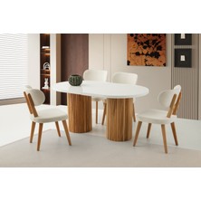 Viento Mobilya Picasso Kar Beyaz Highgloss Açılır 160X90 Masa 8 Adet Bukle Kumaş Ahşap Iskelet Sandalye Masa Takımı