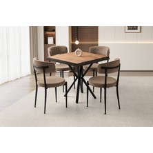 Viento Mobilya Kütük Diş Budak Desen Mdf Sabit 80X80 Masa 4 Adet Bukle Kumaş Metal Gözde Sandalye Masa Takımı