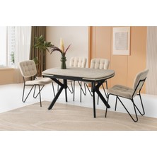 Viento Mobilya Still Sidon Desen Yanlardan Açılır 130X80 Masa 6 Adet Bukle Kumaş Metal Banky Sandalye Masa Takımı