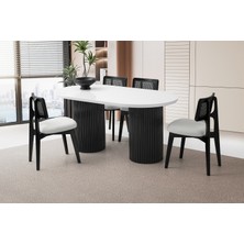 Viento Mobilya Orkide Kar Beyaz Highgloss Sabit 160X90 Masa 6 Adet Bukle Kumaş Ahşap Kuzey Sandalye Masa Takımı