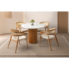 Viento Mobilya Orkide Kar Beyaz Highgloss Sabit 100X100 Masa 4 Adet Bukle Kumaş Ahşap Gazel Sandalye Masa Takımı