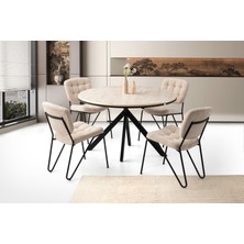 Viento Mobilya Pegasus Yuvarlak Olabilen Sidon Desen Açılır 120X70 Masa 4 Adet Bukle Kumaş Metal Banky Sandalye Masa Takımı
