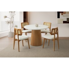 Viento Mobilya Orkide Kar Beyaz Highgloss Sabit 100X100 Masa 4 Adet Bukle Kumaş Ahşap Kuzey Sandalye Masa Takımı